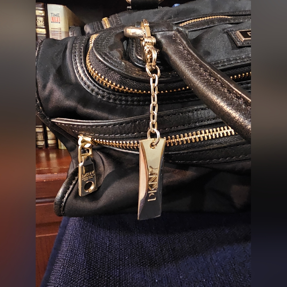 DKNY Black Nylon Leather Trim Satchel with Gold Accents - Picture 5 of 16